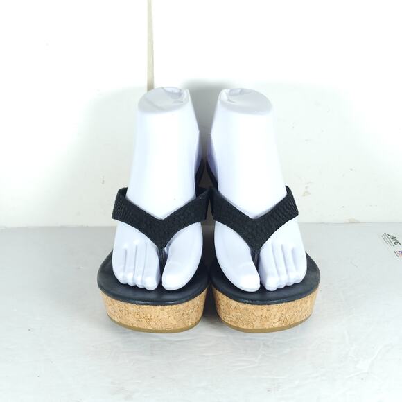 UGG Women's Natassia US8 Black Leather SlipOn Cork Wedge Platform Thong Sandals - Picture 3 of 15